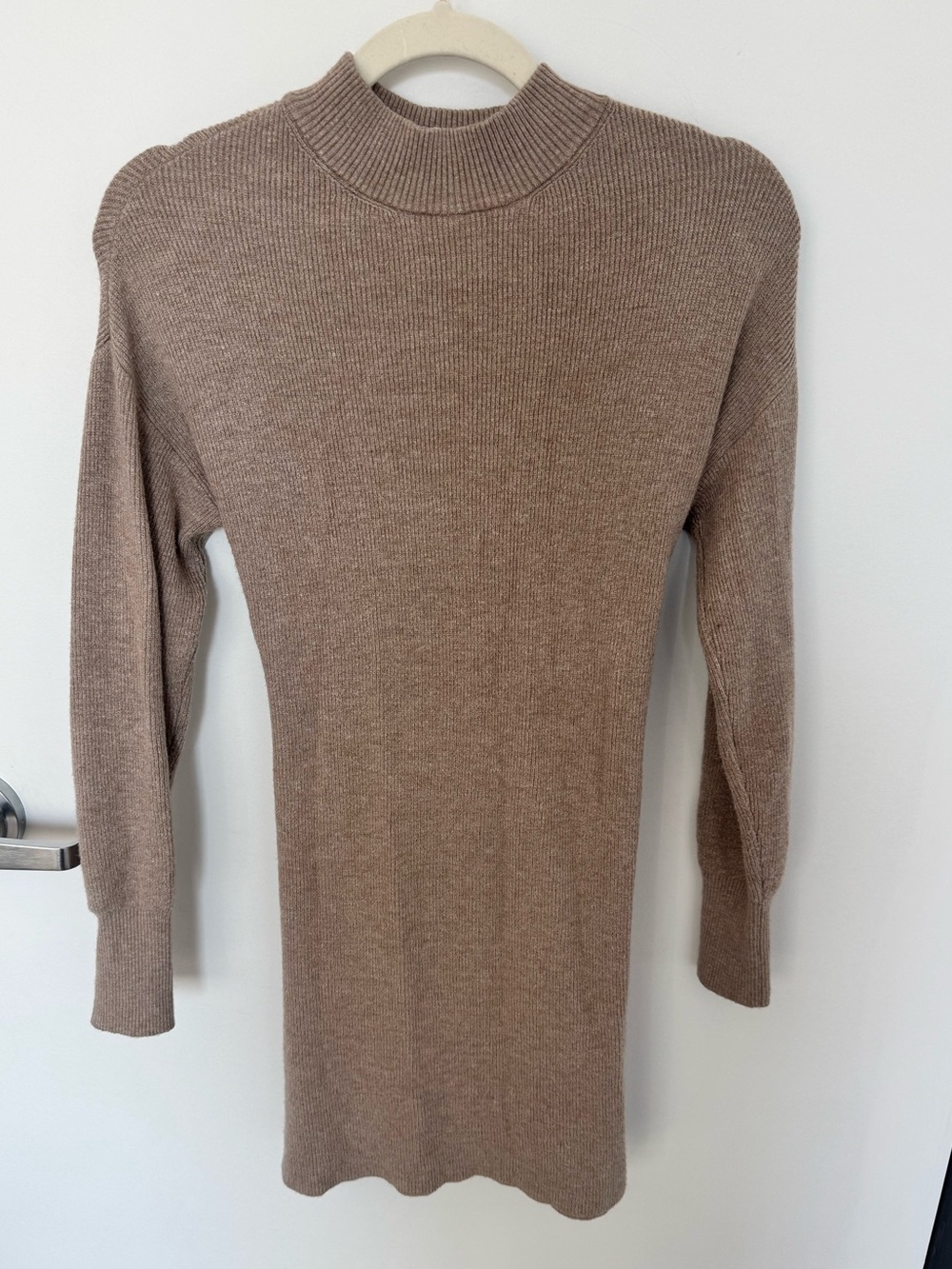 Dex Ribbed Mock Neck Sweater Dress with Tie Belt Taupe - XS